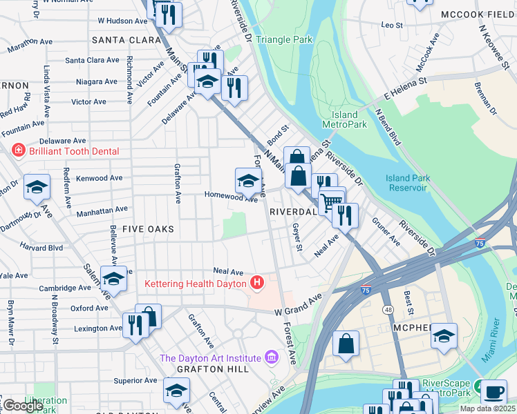 map of restaurants, bars, coffee shops, grocery stores, and more near 529 Forest Avenue in Dayton