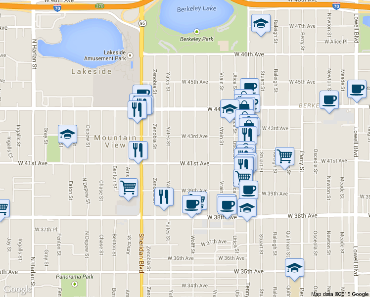 map of restaurants, bars, coffee shops, grocery stores, and more near 4154 Xavier Street in Denver