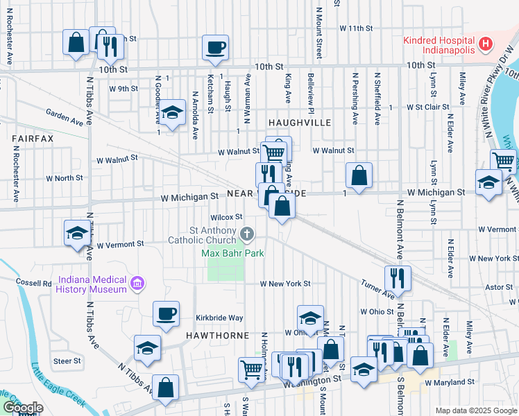 map of restaurants, bars, coffee shops, grocery stores, and more near 456 North Holmes Avenue in Indianapolis