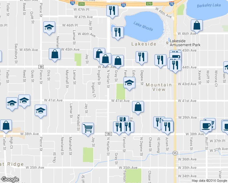 map of restaurants, bars, coffee shops, grocery stores, and more near 4205 Gray Street in Wheat Ridge
