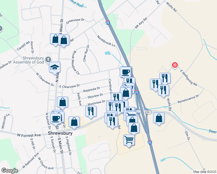 map of restaurants, bars, coffee shops, grocery stores, and more near 209 Cardinal Dr in Shrewsbury