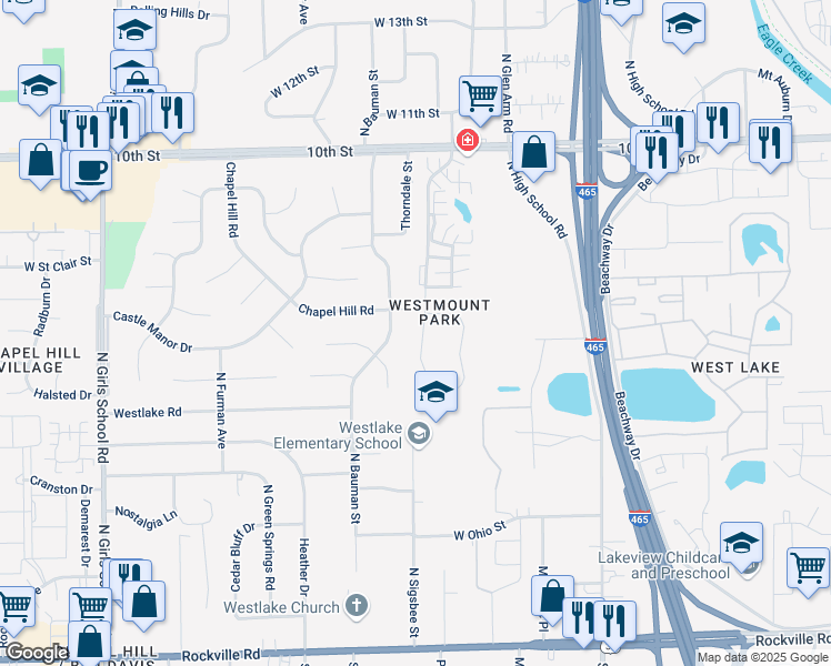 map of restaurants, bars, coffee shops, grocery stores, and more near 538 Farley Drive in Indianapolis