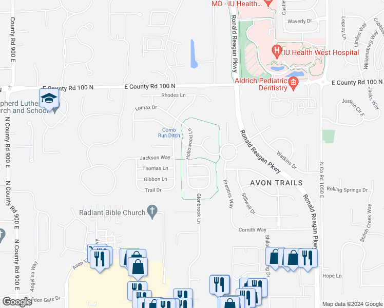 map of restaurants, bars, coffee shops, grocery stores, and more near 703 Hollowood Lane in Avon
