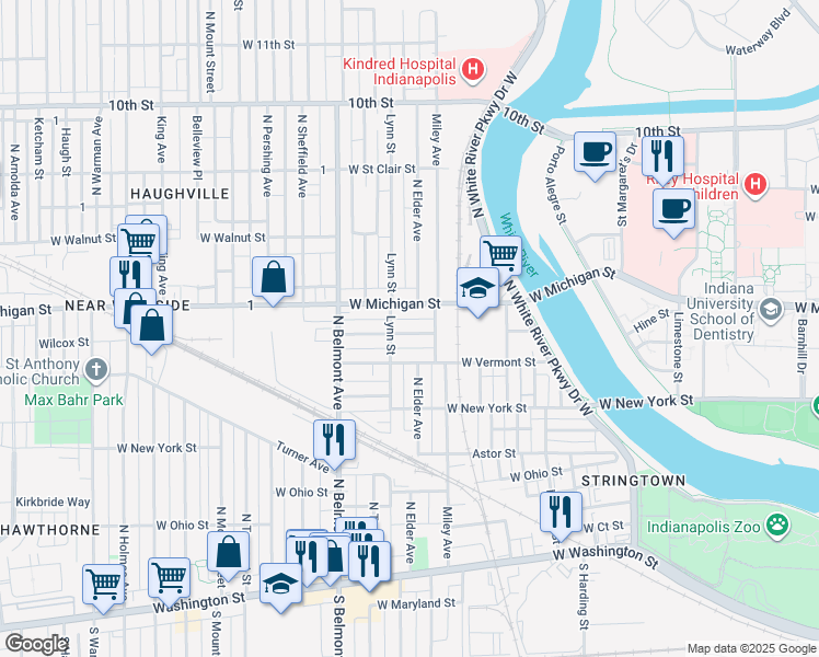 map of restaurants, bars, coffee shops, grocery stores, and more near 1902 Wilcox Street in Indianapolis