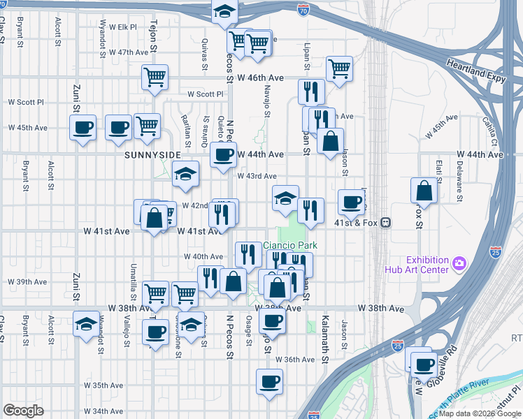 map of restaurants, bars, coffee shops, grocery stores, and more near 4147 Navajo Street in Denver