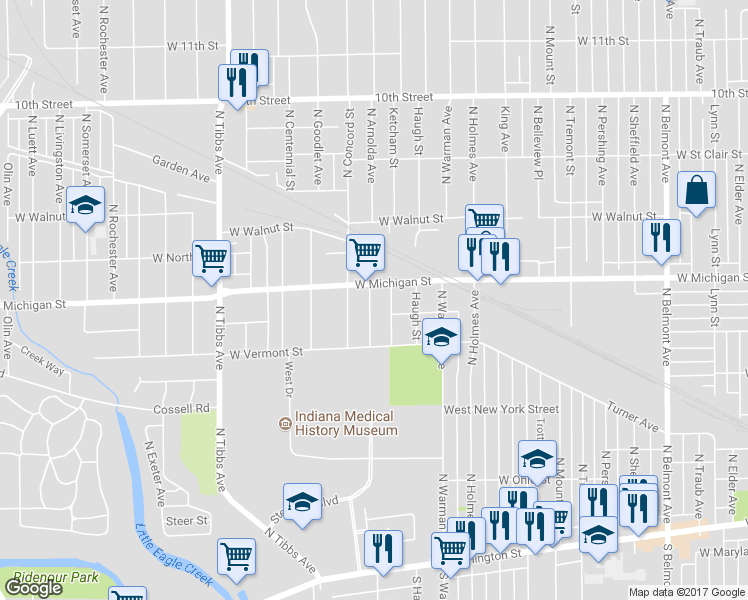 map of restaurants, bars, coffee shops, grocery stores, and more near 467 North Arnolda Avenue in Indianapolis