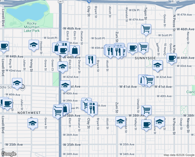 map of restaurants, bars, coffee shops, grocery stores, and more near 2600 West 42nd Avenue in Denver