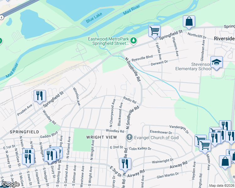 map of restaurants, bars, coffee shops, grocery stores, and more near 400 North Cherrywood Avenue in Dayton