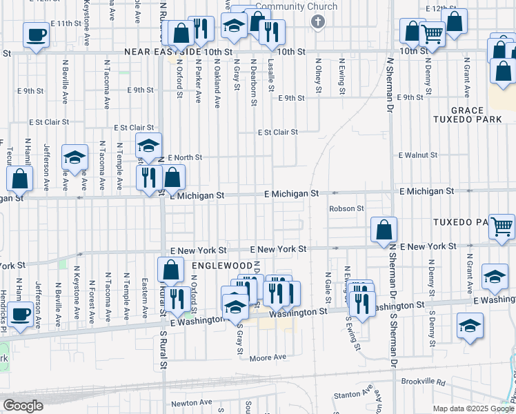 map of restaurants, bars, coffee shops, grocery stores, and more near 445 North Dearborn Street in Indianapolis