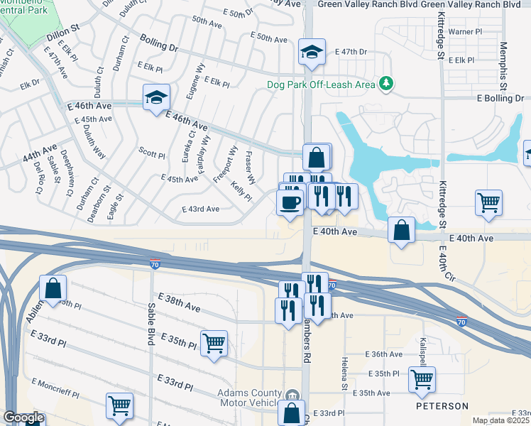 map of restaurants, bars, coffee shops, grocery stores, and more near 4201 Fraser Way in Denver