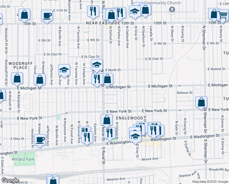 map of restaurants, bars, coffee shops, grocery stores, and more near 442 North Oxford Street in Indianapolis