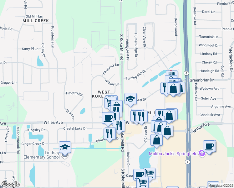 map of restaurants, bars, coffee shops, grocery stores, and more near 2176 Smyth Drive in Springfield