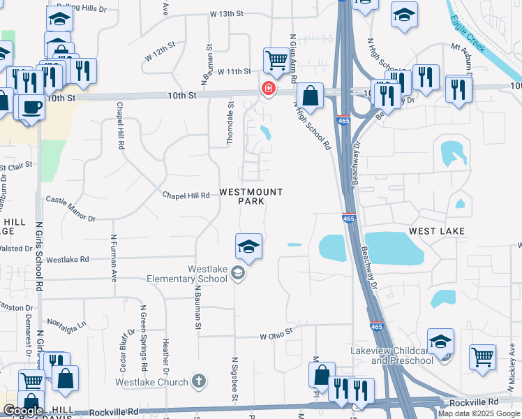 map of restaurants, bars, coffee shops, grocery stores, and more near 540 Cahill Lane in Indianapolis