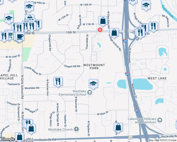 map of restaurants, bars, coffee shops, grocery stores, and more near 538 Farley Drive in Indianapolis