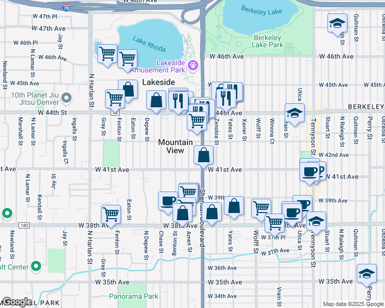 map of restaurants, bars, coffee shops, grocery stores, and more near 4152 Ames Street in Denver