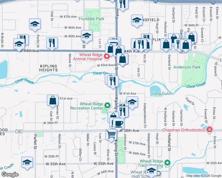 map of restaurants, bars, coffee shops, grocery stores, and more near 4131 Kipling Street in Wheat Ridge