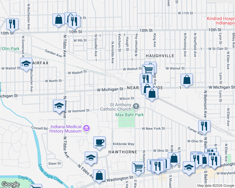 map of restaurants, bars, coffee shops, grocery stores, and more near 467 North Arnolda Avenue in Indianapolis