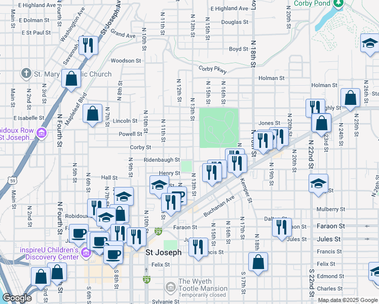 map of restaurants, bars, coffee shops, grocery stores, and more near 917 North 12th Street in Saint Joseph