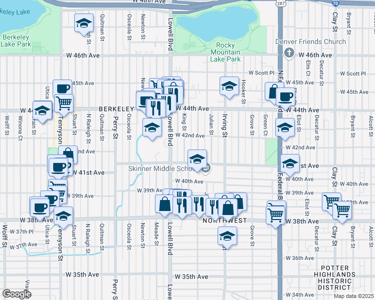 map of restaurants, bars, coffee shops, grocery stores, and more near 4140 King Street in Denver
