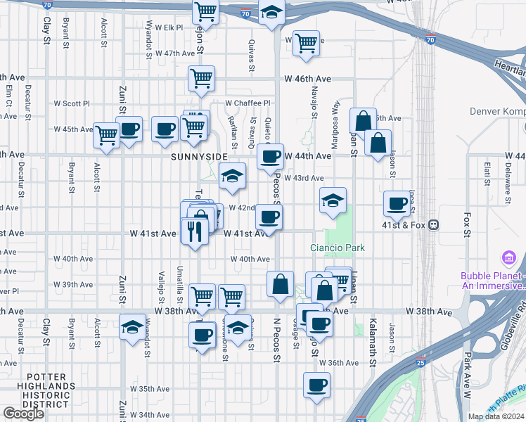 map of restaurants, bars, coffee shops, grocery stores, and more near 4156 Quivas Street in Denver