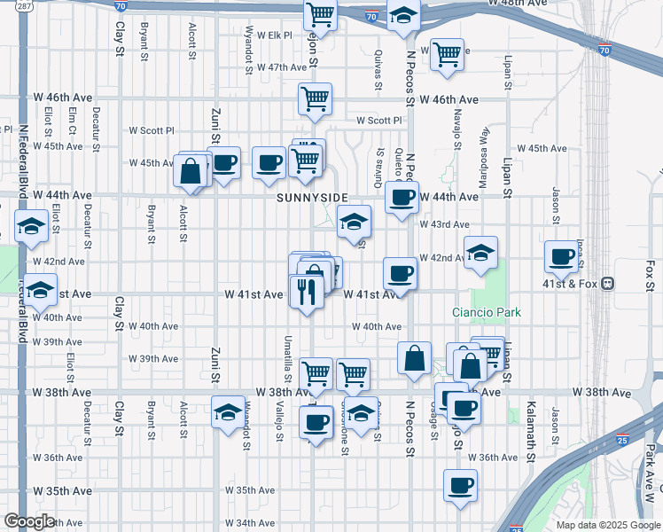 map of restaurants, bars, coffee shops, grocery stores, and more near 4155 Shoshone Street in Denver