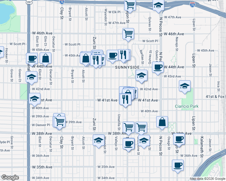 map of restaurants, bars, coffee shops, grocery stores, and more near 4158 Vallejo Street in Denver