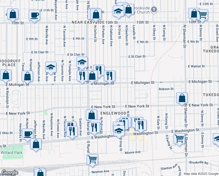 map of restaurants, bars, coffee shops, grocery stores, and more near 444 North Oakland Avenue in Indianapolis
