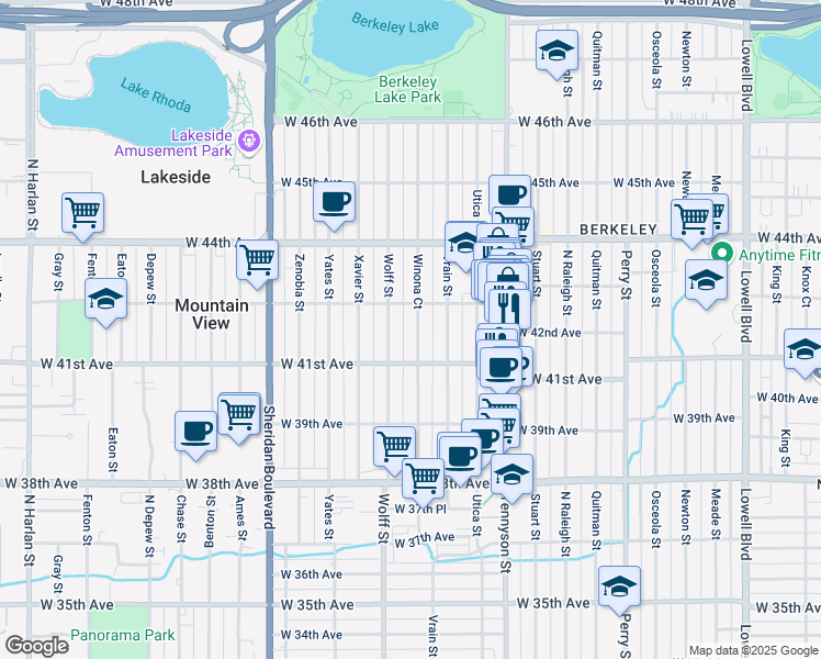 map of restaurants, bars, coffee shops, grocery stores, and more near 4157 Winona Court in Denver