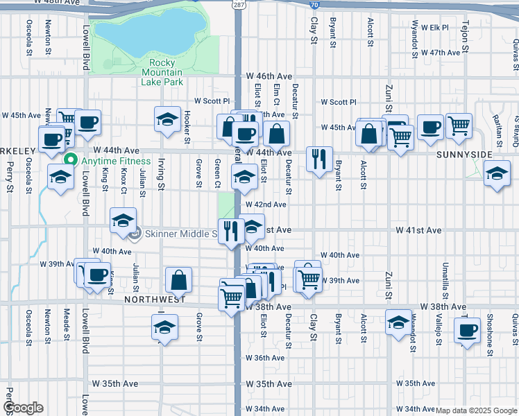 map of restaurants, bars, coffee shops, grocery stores, and more near 4155 Eliot Street in Denver