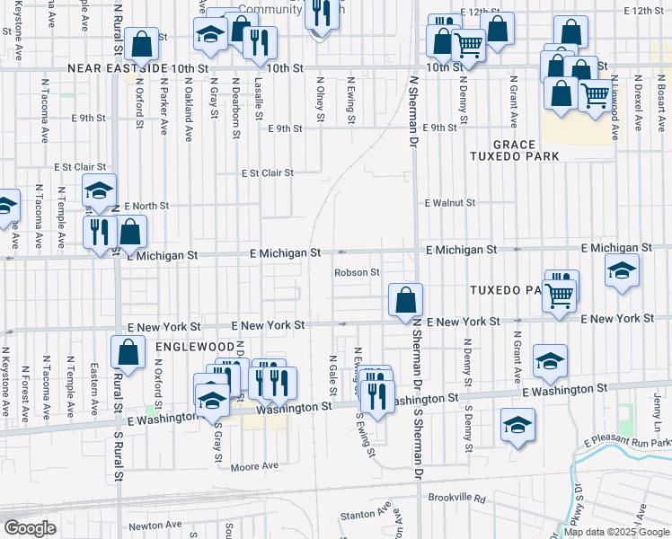 map of restaurants, bars, coffee shops, grocery stores, and more near 3528 Robson Street in Indianapolis