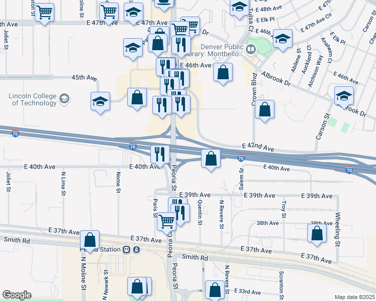 map of restaurants, bars, coffee shops, grocery stores, and more near 5475 Peoria Street in Denver