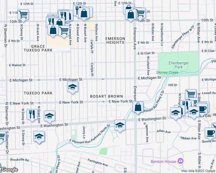 map of restaurants, bars, coffee shops, grocery stores, and more near 421 North Dequincy Street in Indianapolis