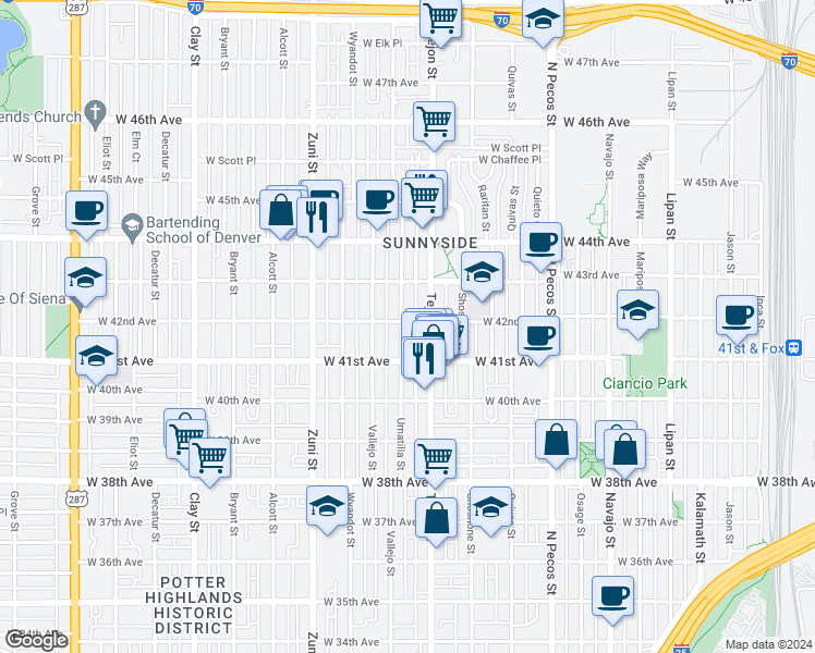 map of restaurants, bars, coffee shops, grocery stores, and more near 4154 Umatilla Street in Denver