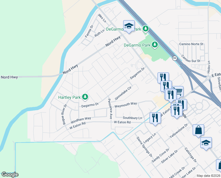 map of restaurants, bars, coffee shops, grocery stores, and more near 27 Bentwater Loop in Chico