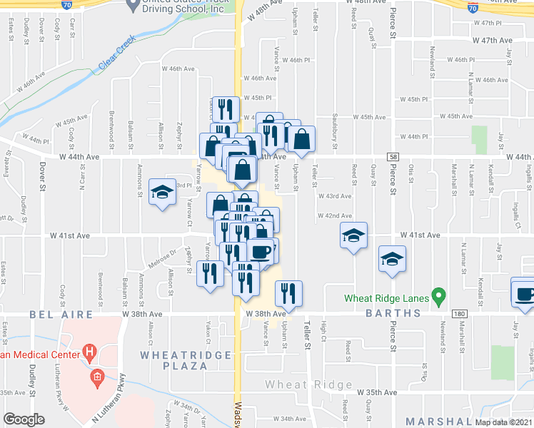 map of restaurants, bars, coffee shops, grocery stores, and more near 4260 Wadsworth Boulevard in Wheat Ridge