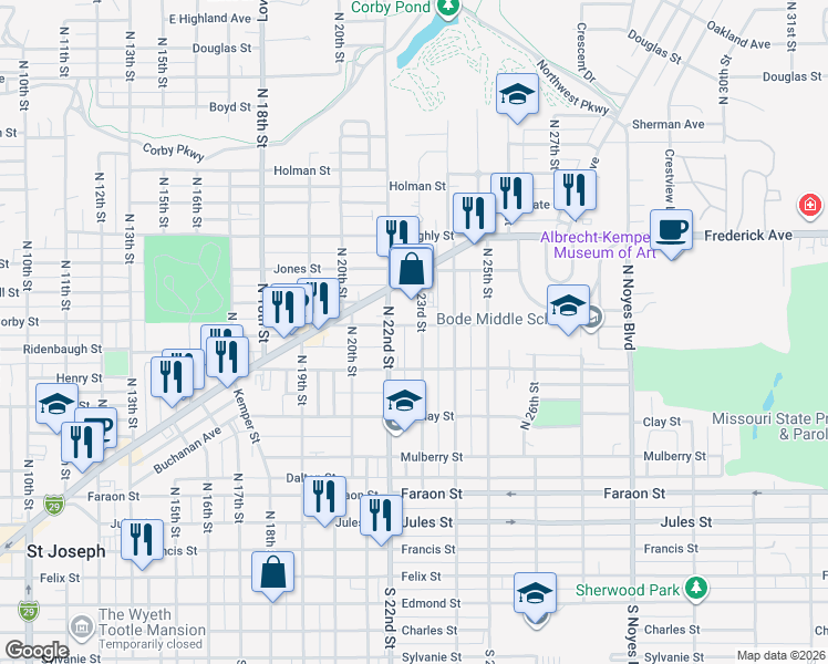 map of restaurants, bars, coffee shops, grocery stores, and more near 732 North 23rd Street in Saint Joseph