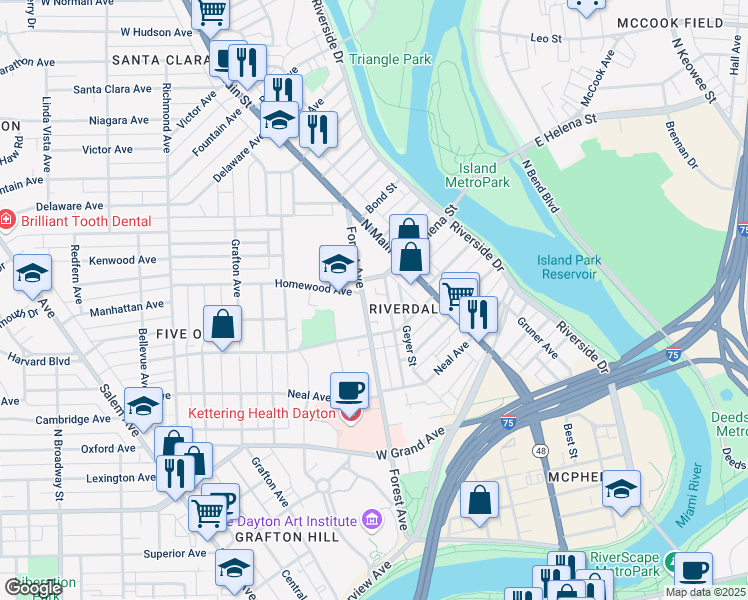 map of restaurants, bars, coffee shops, grocery stores, and more near 538 Brightwood Avenue in Dayton