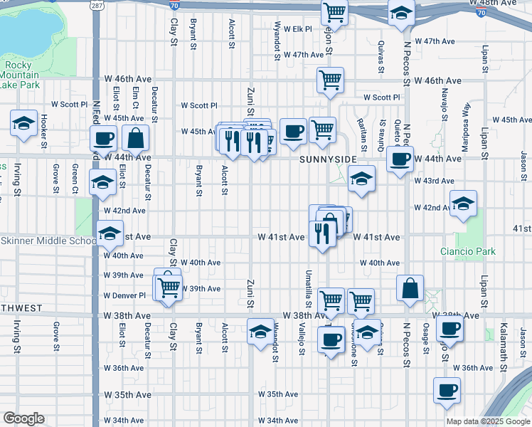map of restaurants, bars, coffee shops, grocery stores, and more near 4157 Wyandot Street in Denver