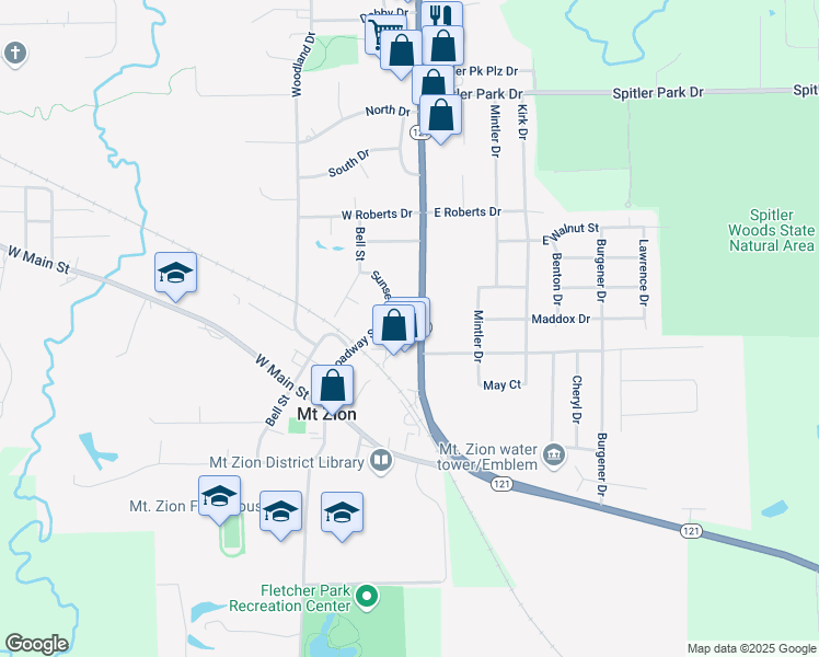 map of restaurants, bars, coffee shops, grocery stores, and more near 497 Illinois 121 in Mount Zion
