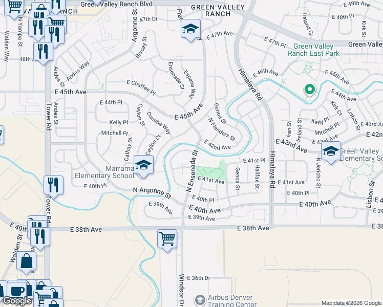 map of restaurants, bars, coffee shops, grocery stores, and more near 19398 East 41st Place in Denver
