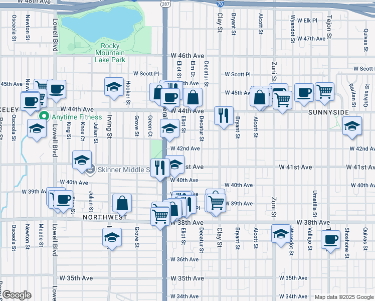 map of restaurants, bars, coffee shops, grocery stores, and more near 4155 Eliot Street in Denver