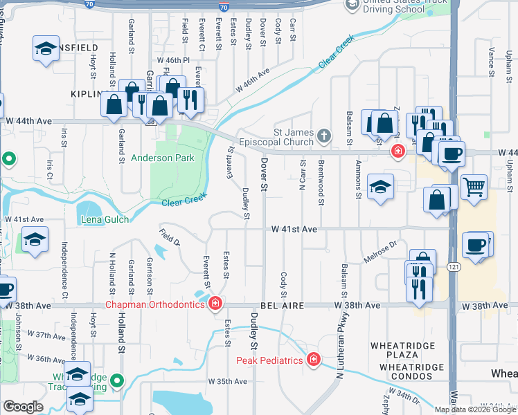 map of restaurants, bars, coffee shops, grocery stores, and more near 4170 Dover Street in Wheat Ridge