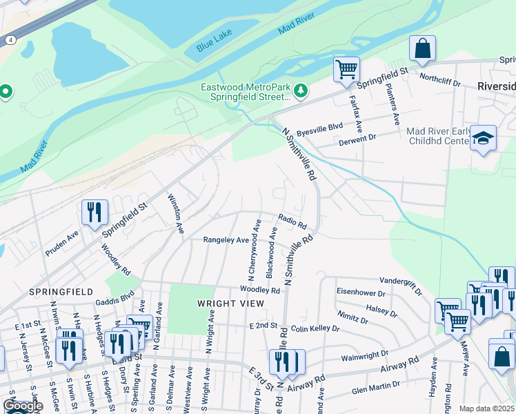 map of restaurants, bars, coffee shops, grocery stores, and more near 1501 Radio Road in Dayton
