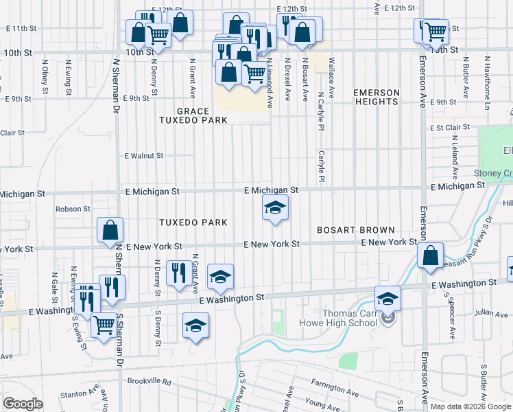 map of restaurants, bars, coffee shops, grocery stores, and more near 424 North Euclid Avenue in Indianapolis