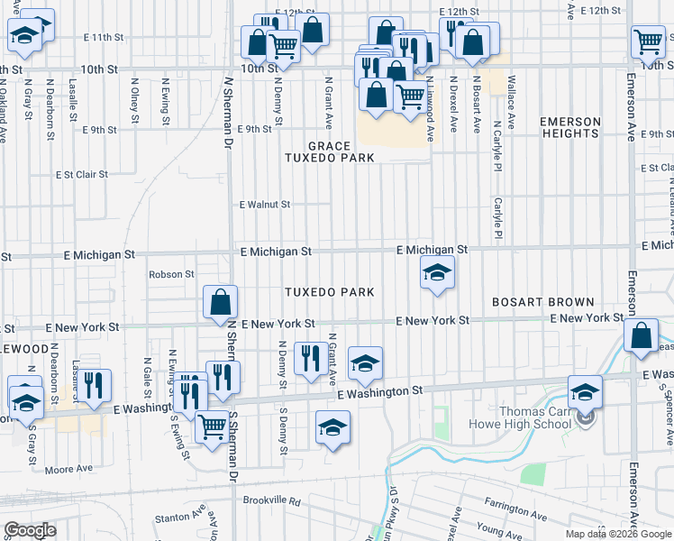 map of restaurants, bars, coffee shops, grocery stores, and more near 423 North Grant Avenue in Indianapolis