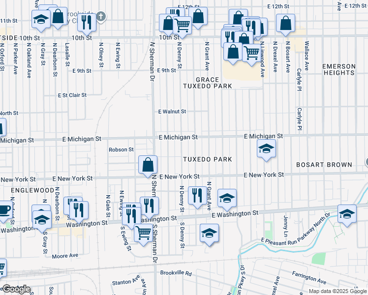map of restaurants, bars, coffee shops, grocery stores, and more near 422 North Denny Street in Indianapolis