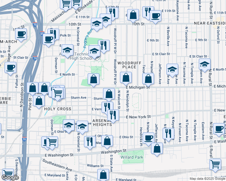 map of restaurants, bars, coffee shops, grocery stores, and more near 1739 East Michigan Street in Indianapolis