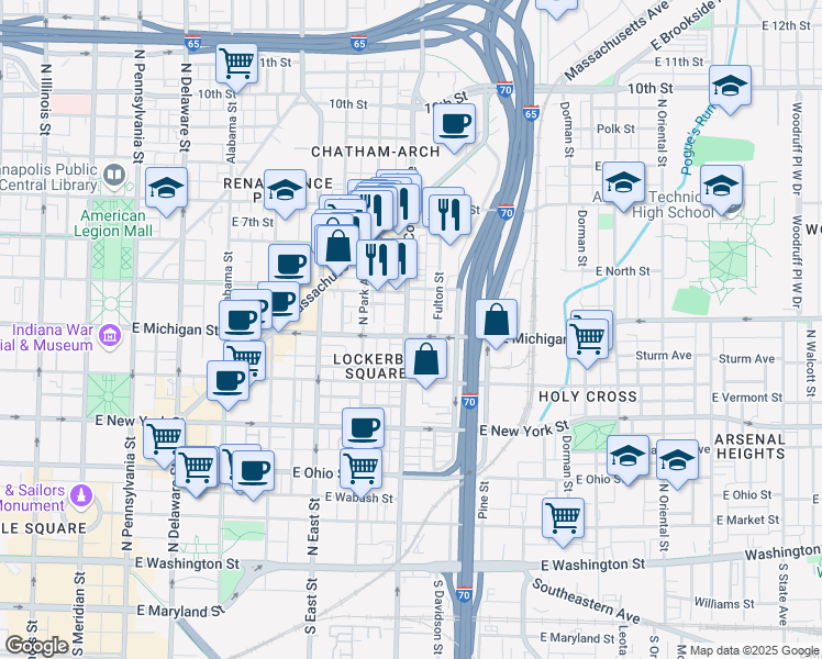 map of restaurants, bars, coffee shops, grocery stores, and more near 708 East Michigan Street in Indianapolis