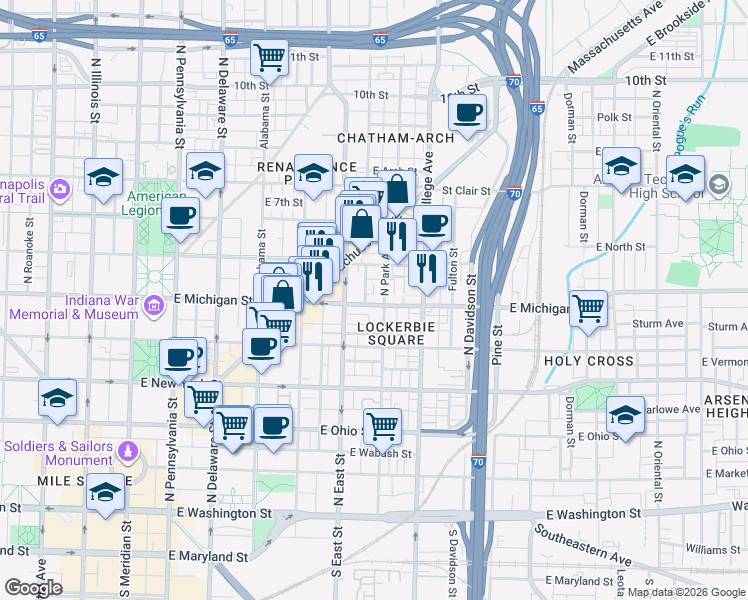 map of restaurants, bars, coffee shops, grocery stores, and more near 516 East Michigan Street in Indianapolis