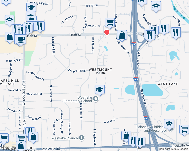 map of restaurants, bars, coffee shops, grocery stores, and more near 538 Farley Drive in Indianapolis